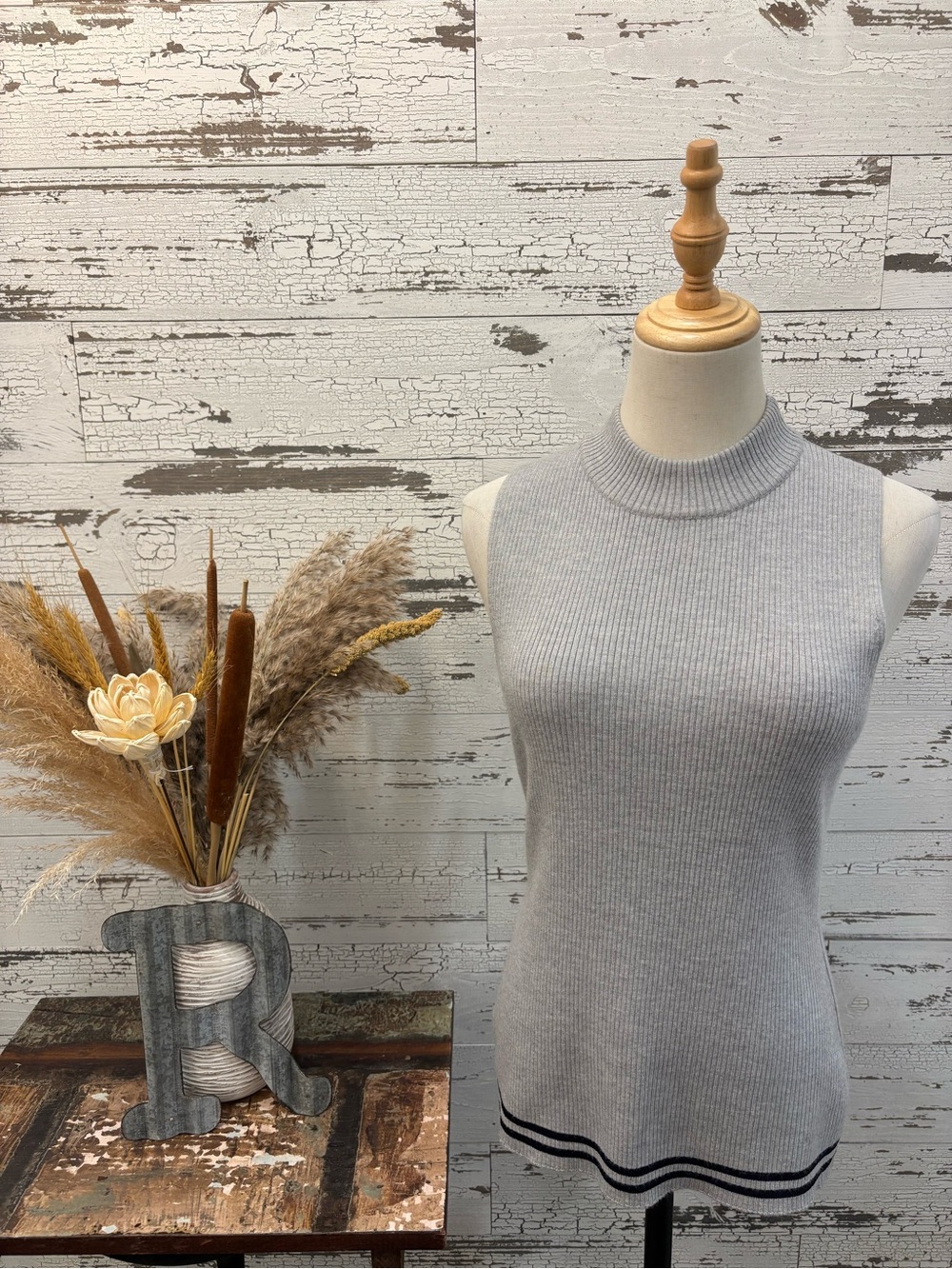 Rag & Bone NWT Gray Ribbed Mock Neck Sleeveless Tank with Black Hem Stripes